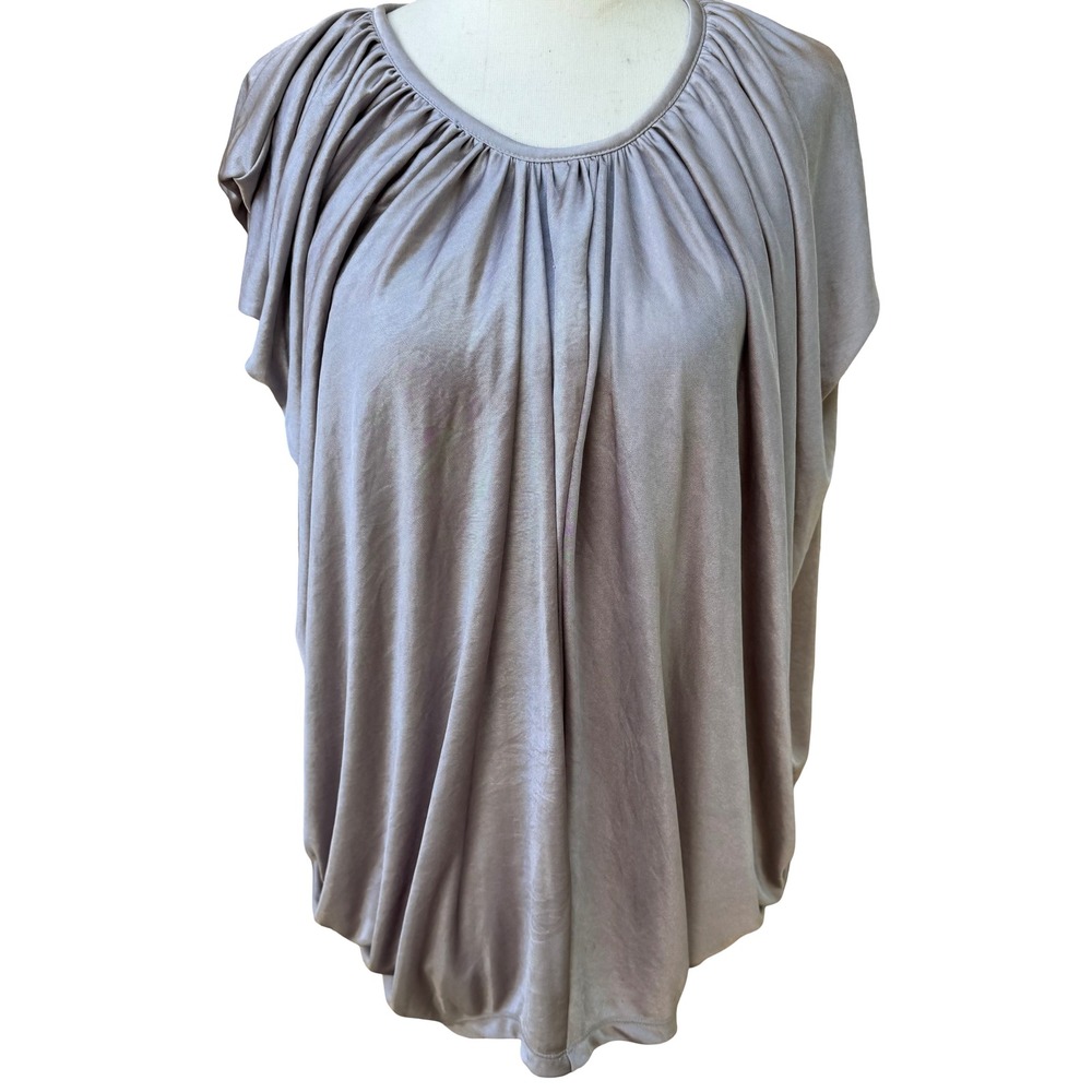 MM Couture Miss Me Draped Cape Back Shimmer Metallic Blouse Scoop Neck Grecian S